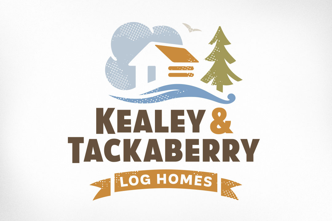 Ottawa Logo Design – Kealey & Tackaberry Log Home Builders, Log House, Clouds, River, Tree, Bird, Banner