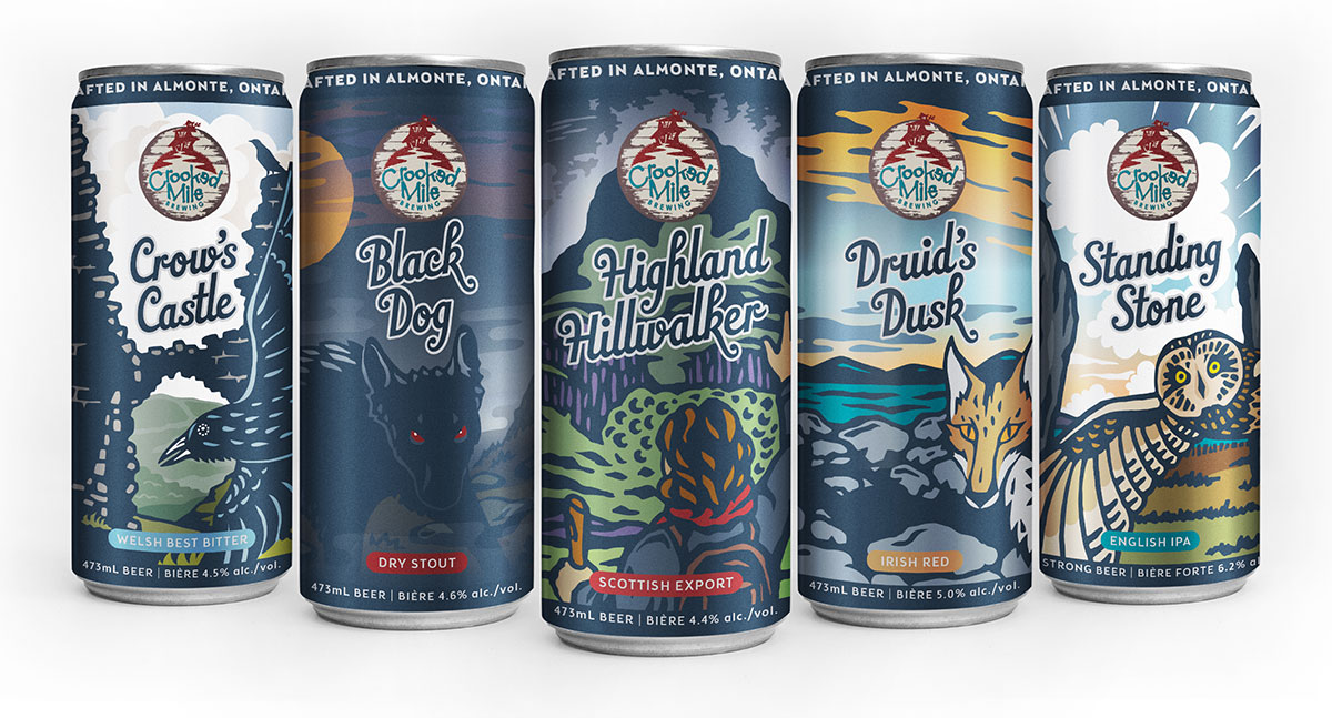 Image showing five colourful beer can designs for craft brewery, each depicting a landscape from England