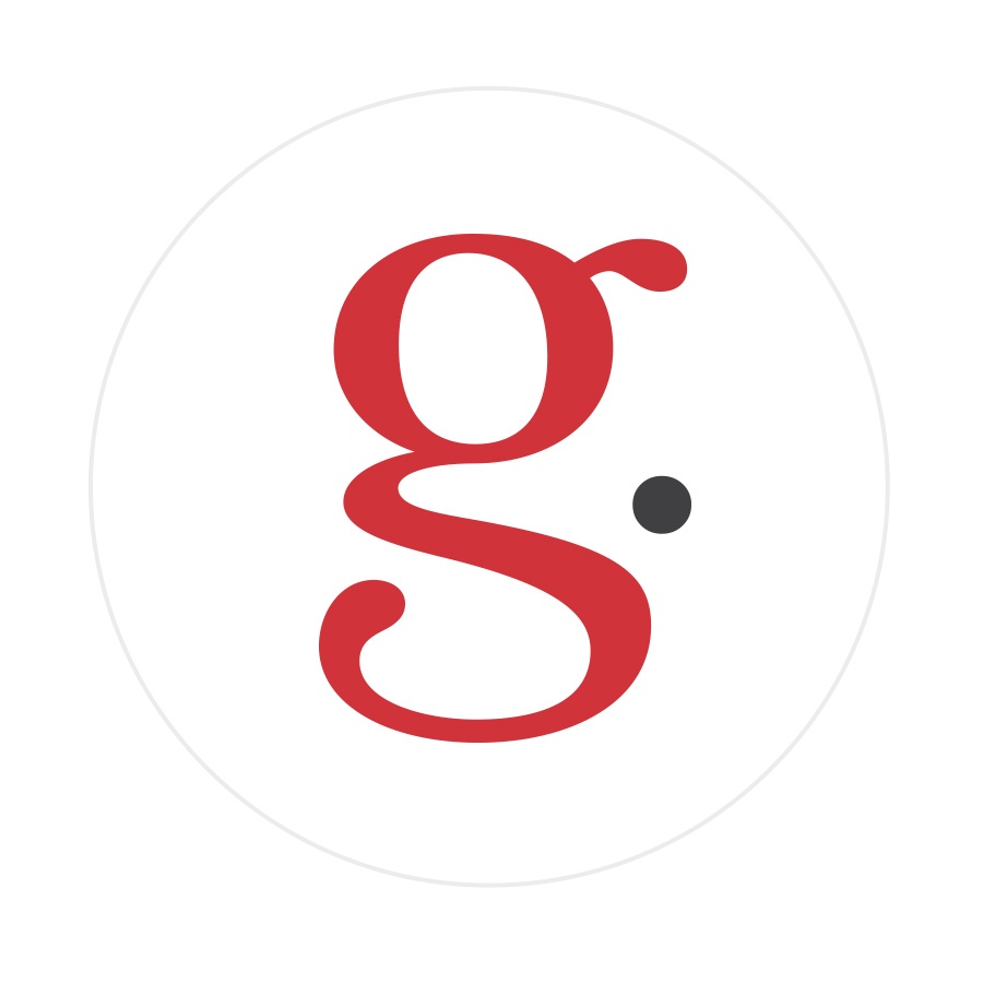Logo design featuring a stylized letter G in lower case punctuated by a period