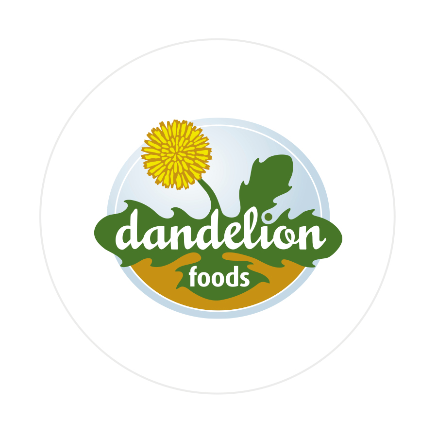 Logo design featuring a dandelion flower with name of business knocked out of leaves