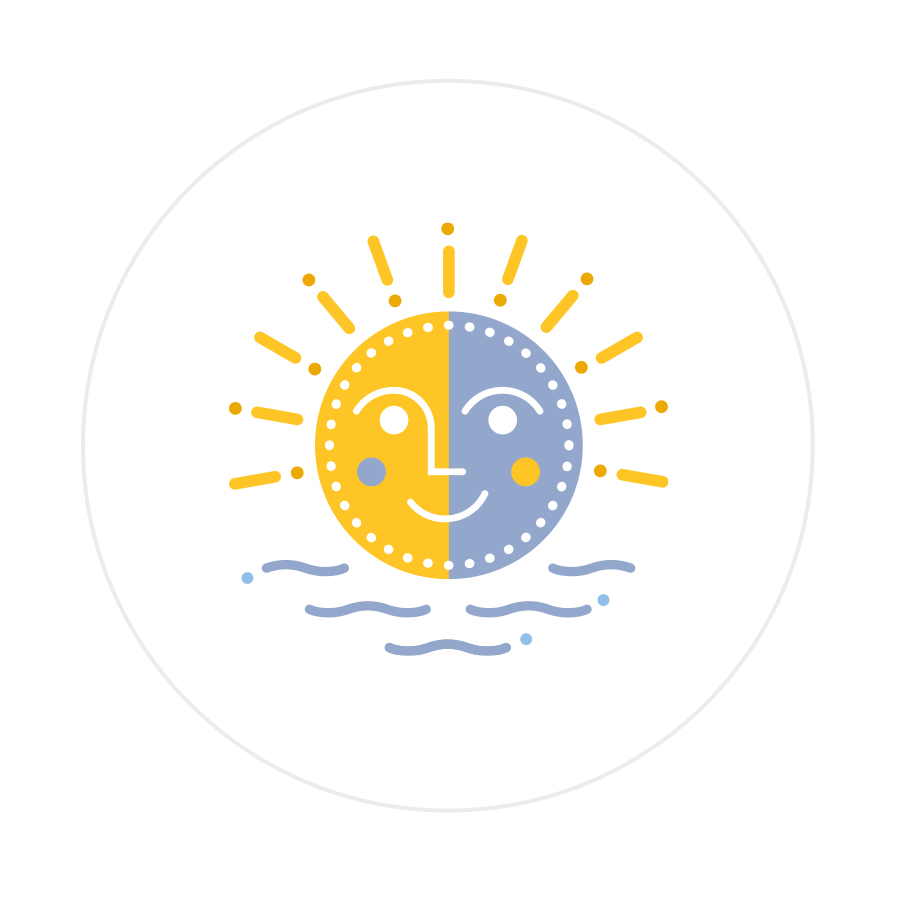 Logo design featuring smiling sun surrounded by rays and water