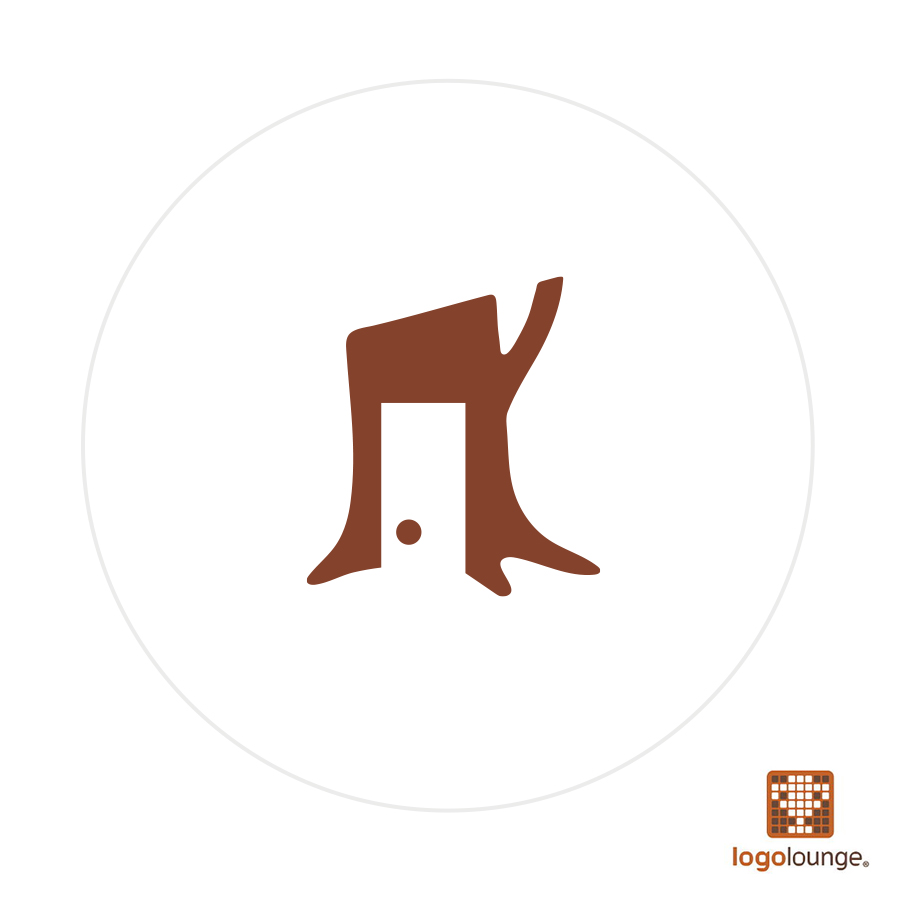 Logo design featuring a tree stump with a mysterious doorway