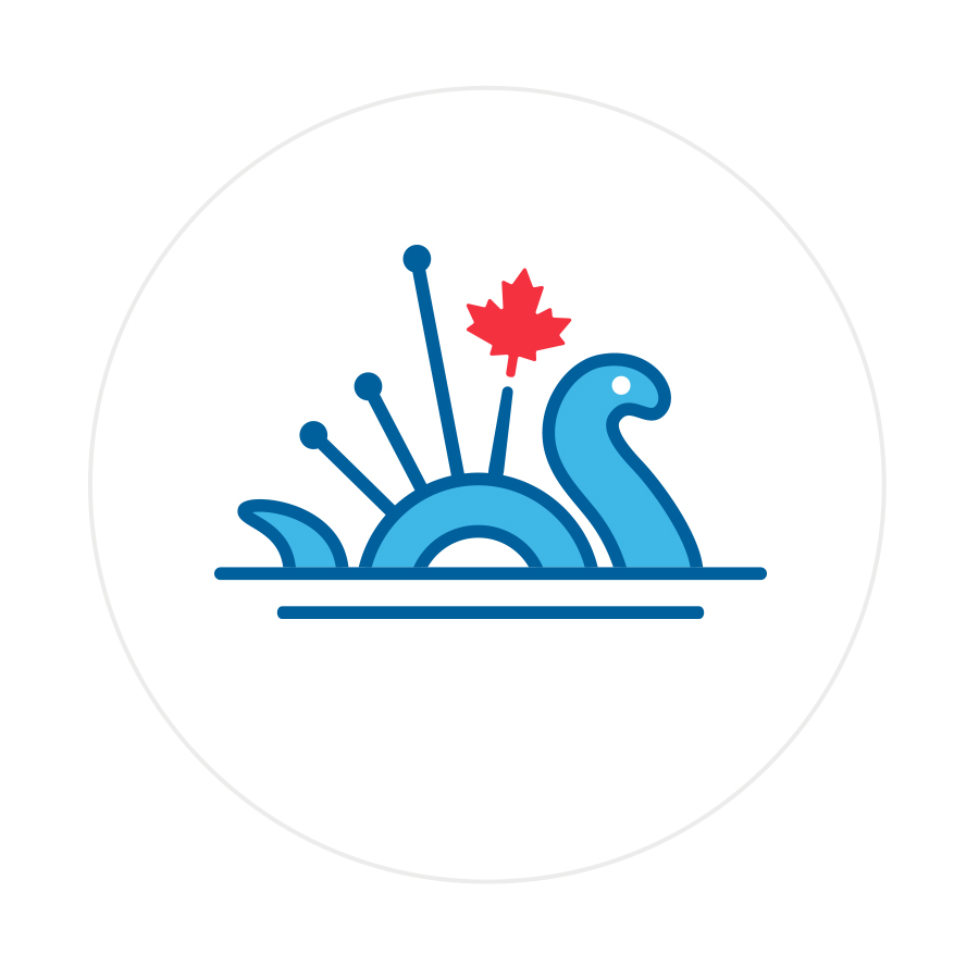 Logo design featuring the Loch Ness monster Nessie doubling as bagpipes with a Canada Maple Leaf