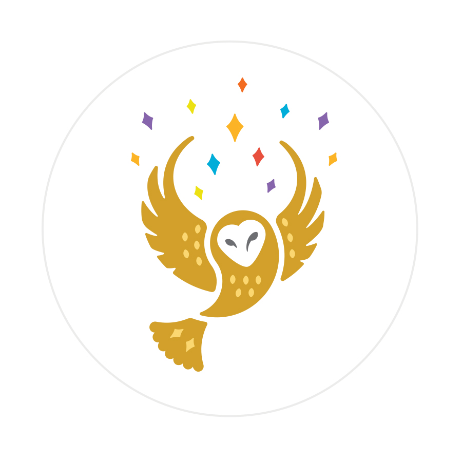 Logo design featuring flying owl with multi-coloured sparks flying up from its wings