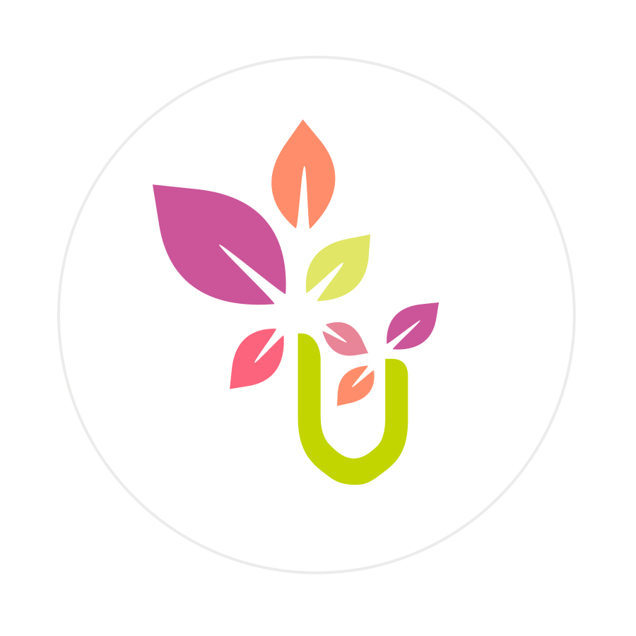 Logo design featuring a stylized letter U with multi-colour leaves growing out of it