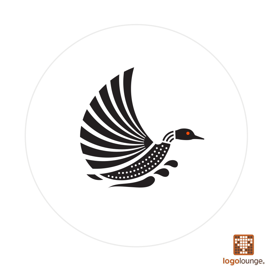 Logo design featuring stylized loon graphic whose wing doubles as the pages of a book