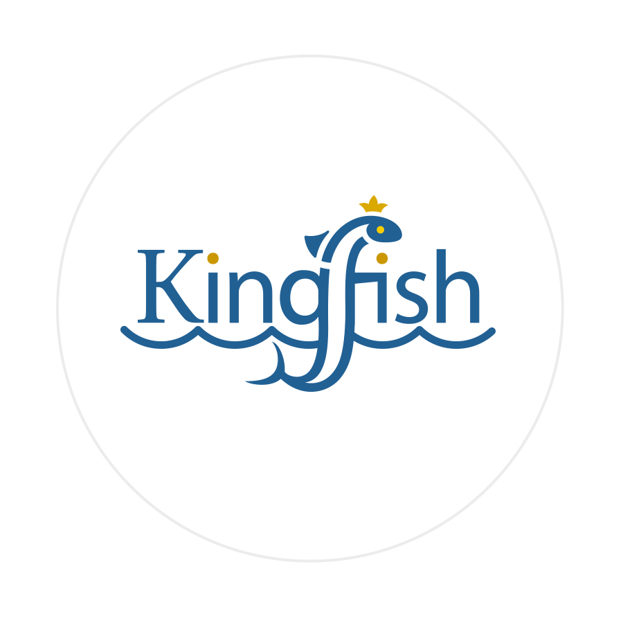 Logo design featuring the word Kingfish with the letter f doubling as a mackerel (kingfish)