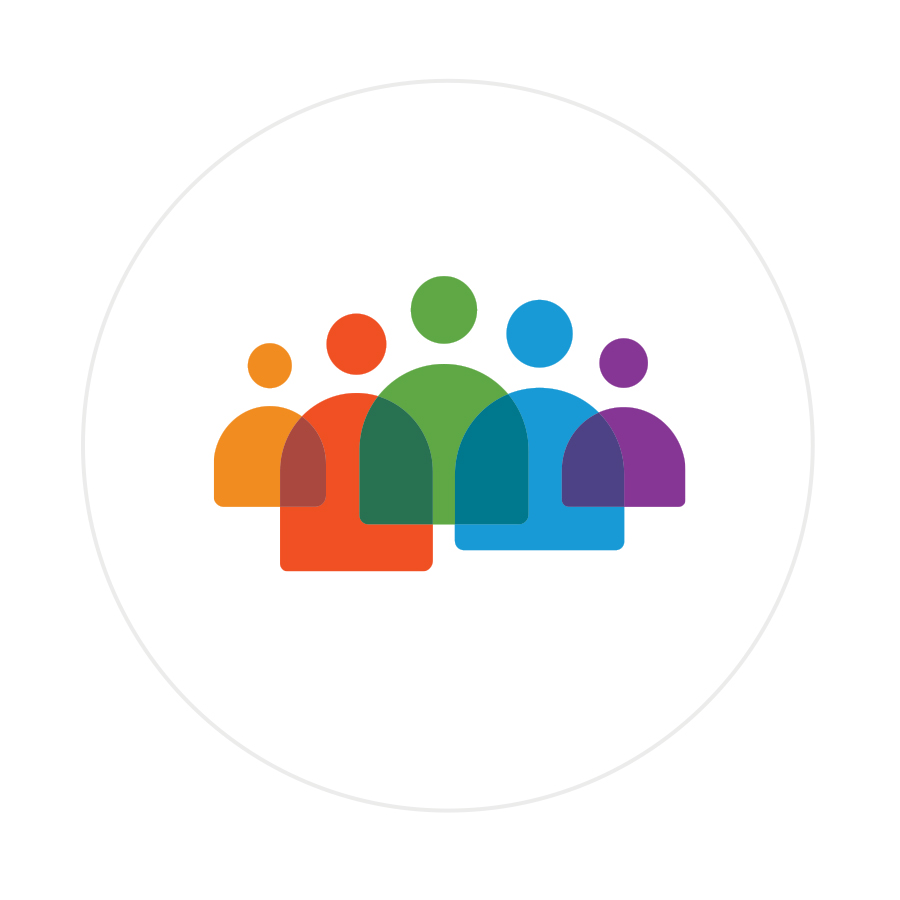 Logo design featuring a series of 5 figures which together suggest a bridge in colours reflecting diversity