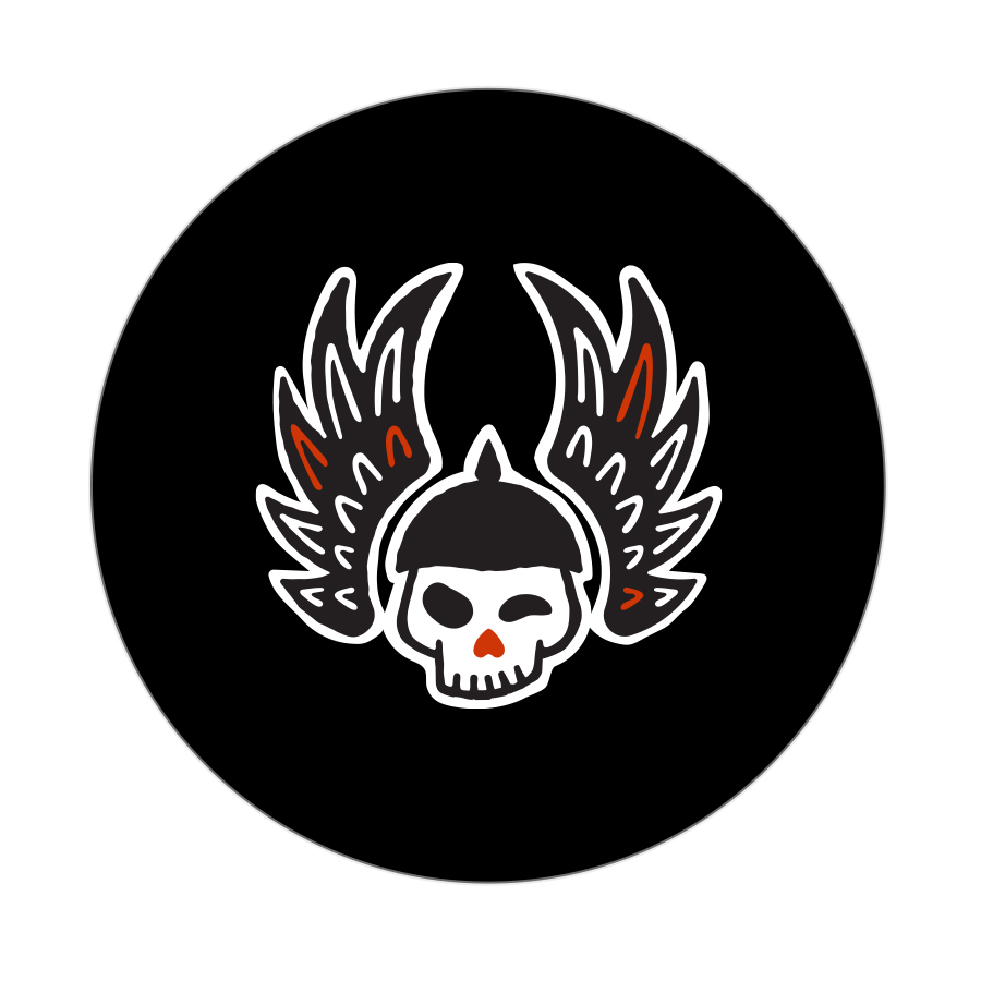 Logo design featuring winking skull with wings and a heart for its nose
