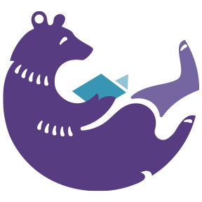 Logo design depicting reclining bear reading
