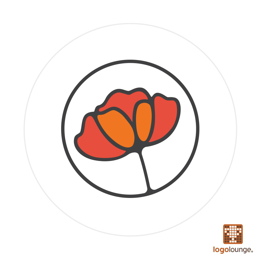 Logo design featuring stylized poppy flower in black circle