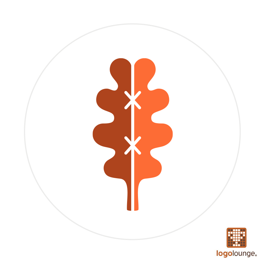 Logo design featuring stylized oak leaf with two sides stitched together