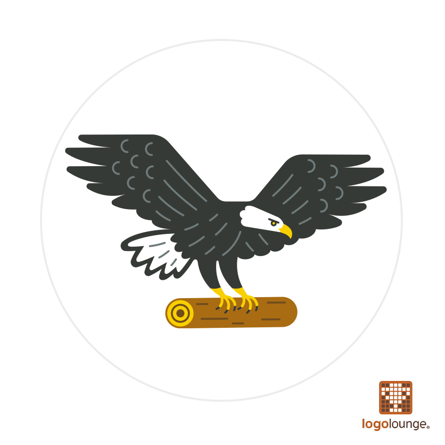 Logo design featuring stylized bald eagle carrying single log