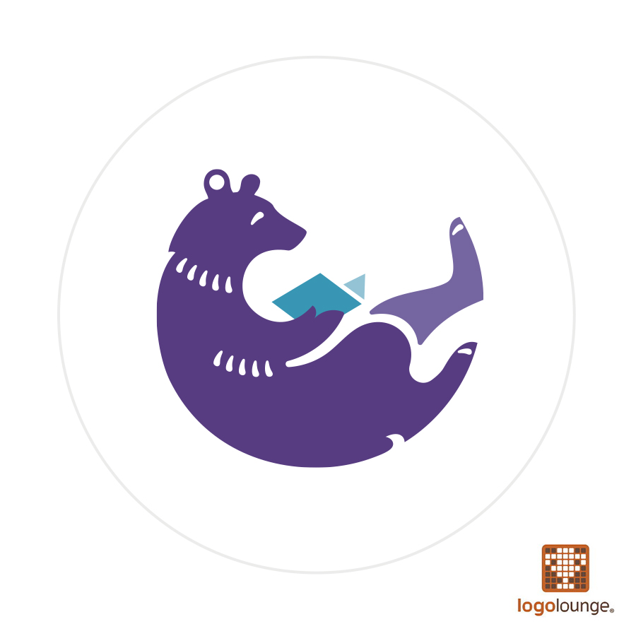 Logo design featuring black bear in purple lying down reading book