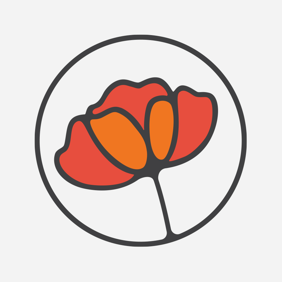 Logo design depicting red poppy flower in circle