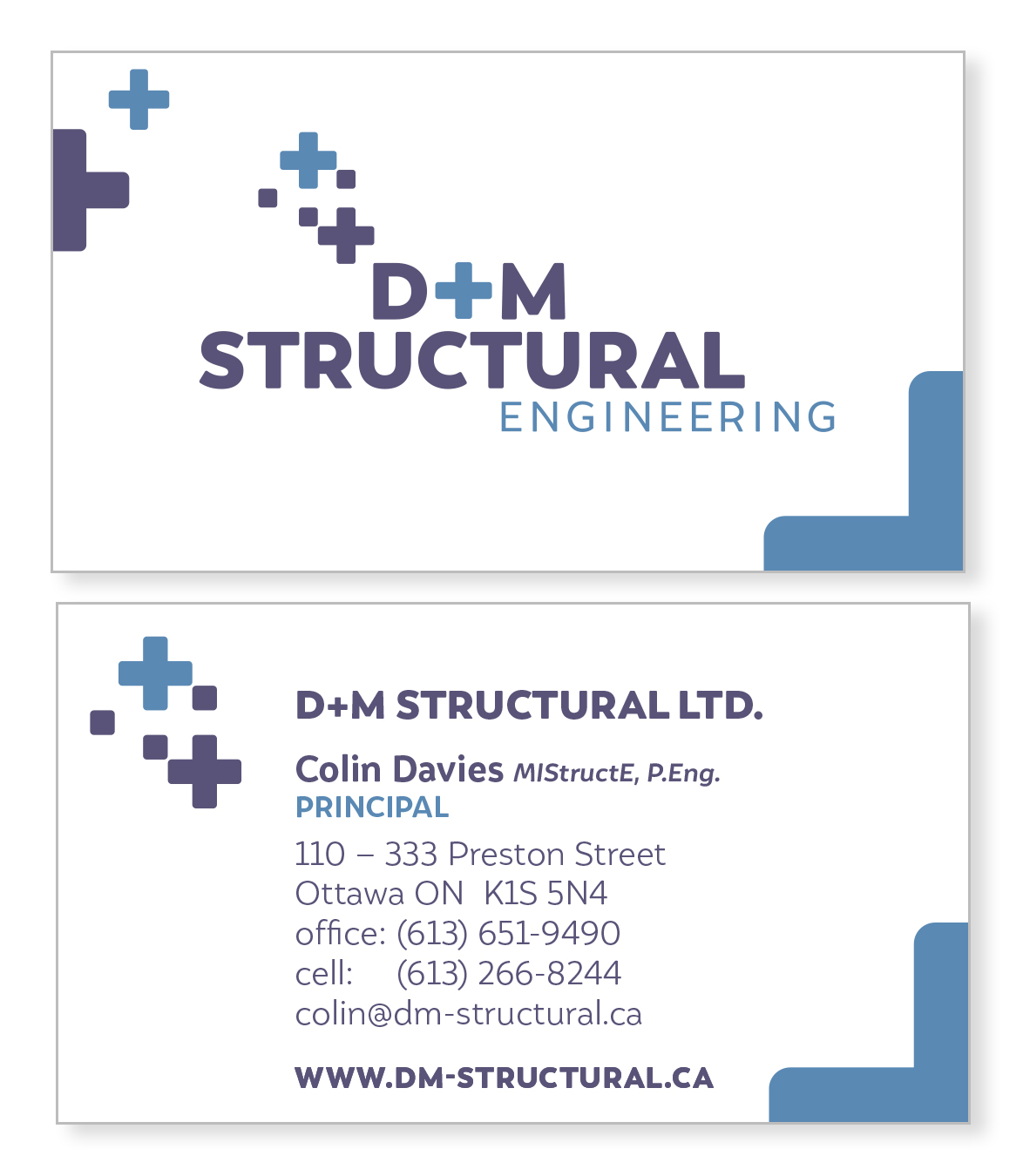 Branded business card design for D+M Structural Engineering. The card features the company's modern logo, a structured layout, and a professional colour palette, reinforcing their credibility and technical expertise.