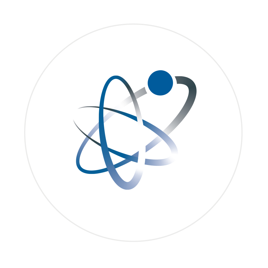 Logo design featuring styilzed atom illustration in blues and greys