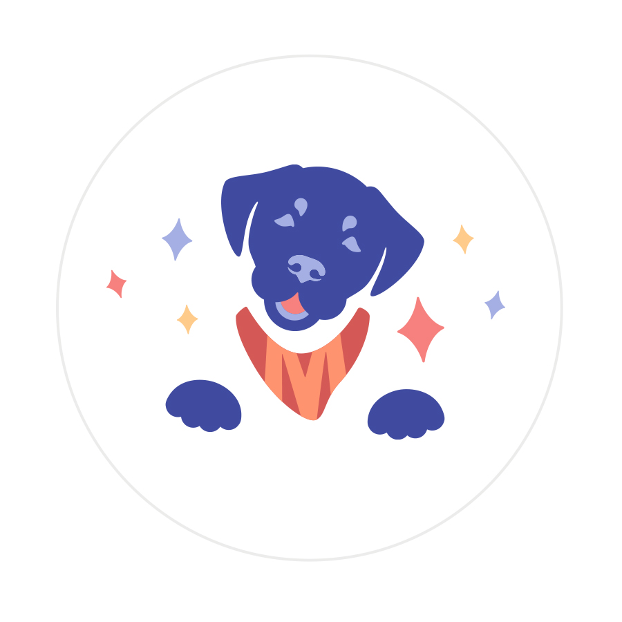 Logo design featuring stylized dog in purples and oranges, head tilted surrounded by stars.