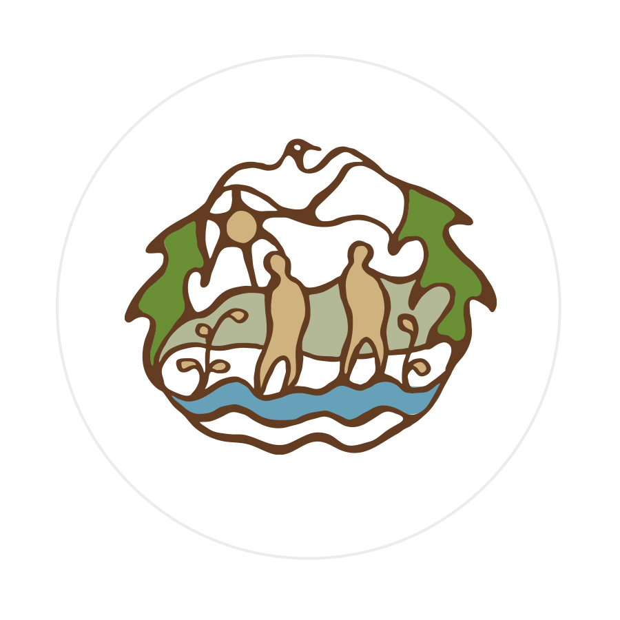 Logo design featuring illustrated figures in Anishinaabe style, surrounded by natural elements with thunderbird above
