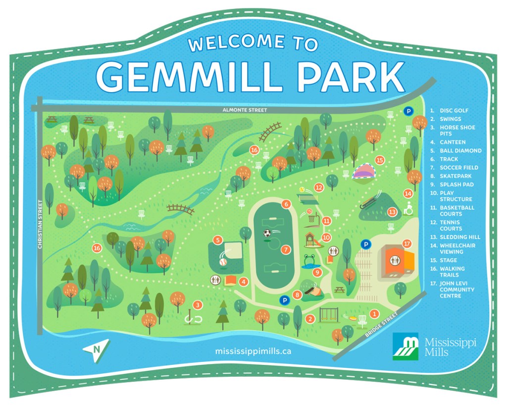 Illustrated map showing points of interest in park