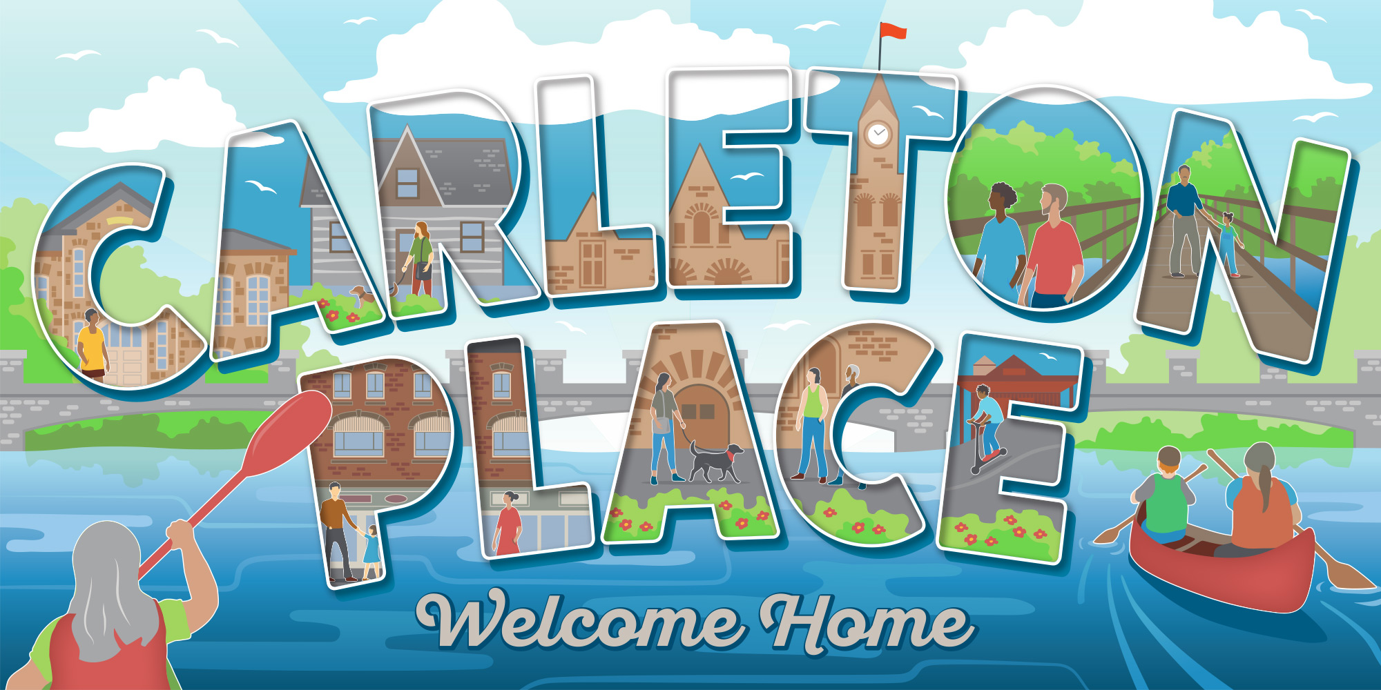Illustrated sign for the Town of Carleton Place showing various landmarks and people enjoying the town.