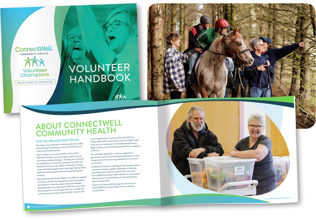 Collage showing cover and inside spread of volunteer handbook