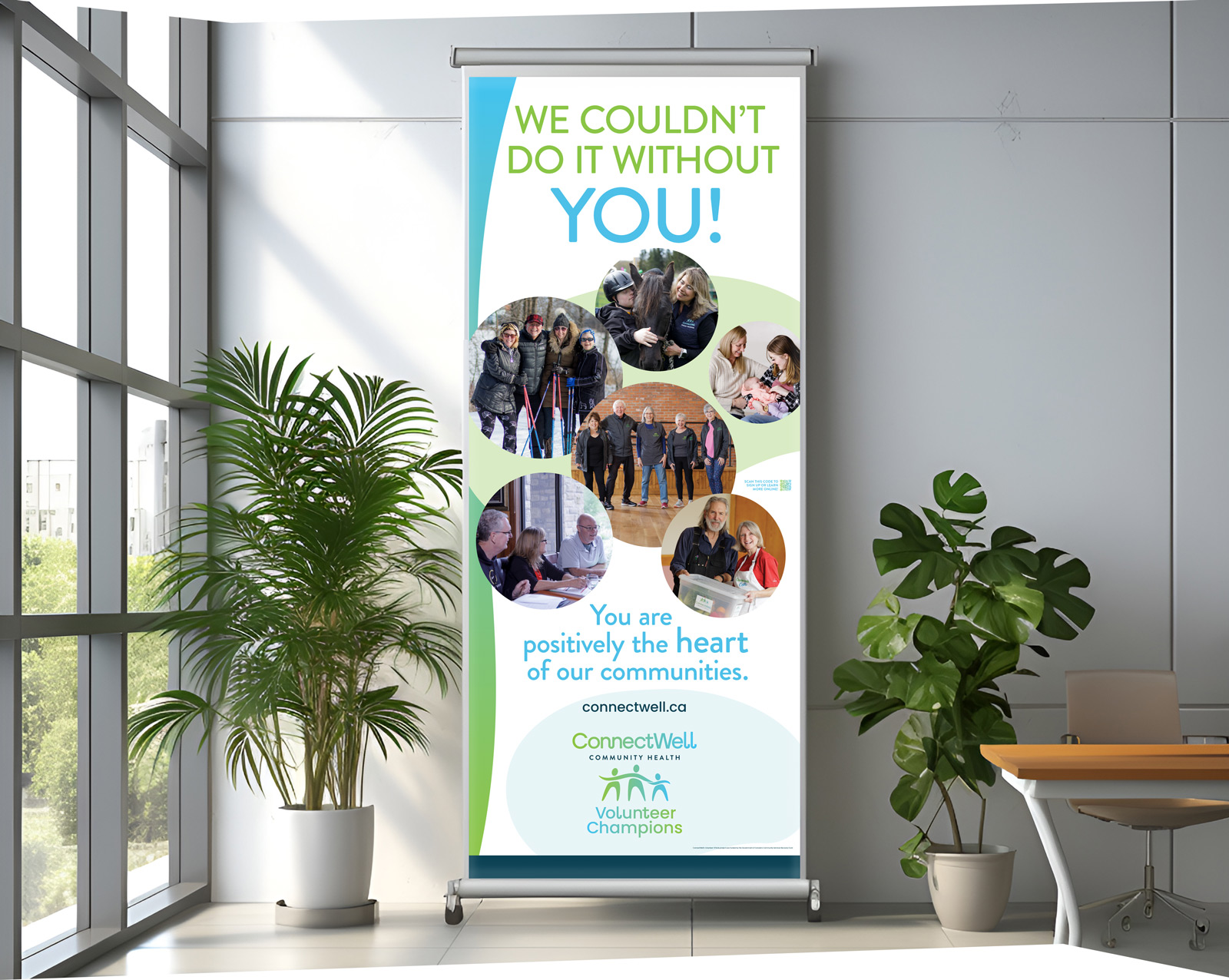 ConnectWell Volunteer Champions roll-up banner in an office setting.