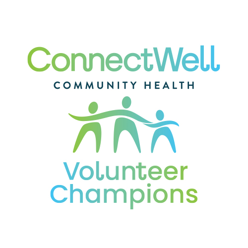 Volunteer Champions logo for ConnectWell Community Health, representing a program dedicated to recruiting, engaging, and celebrating community volunteers.