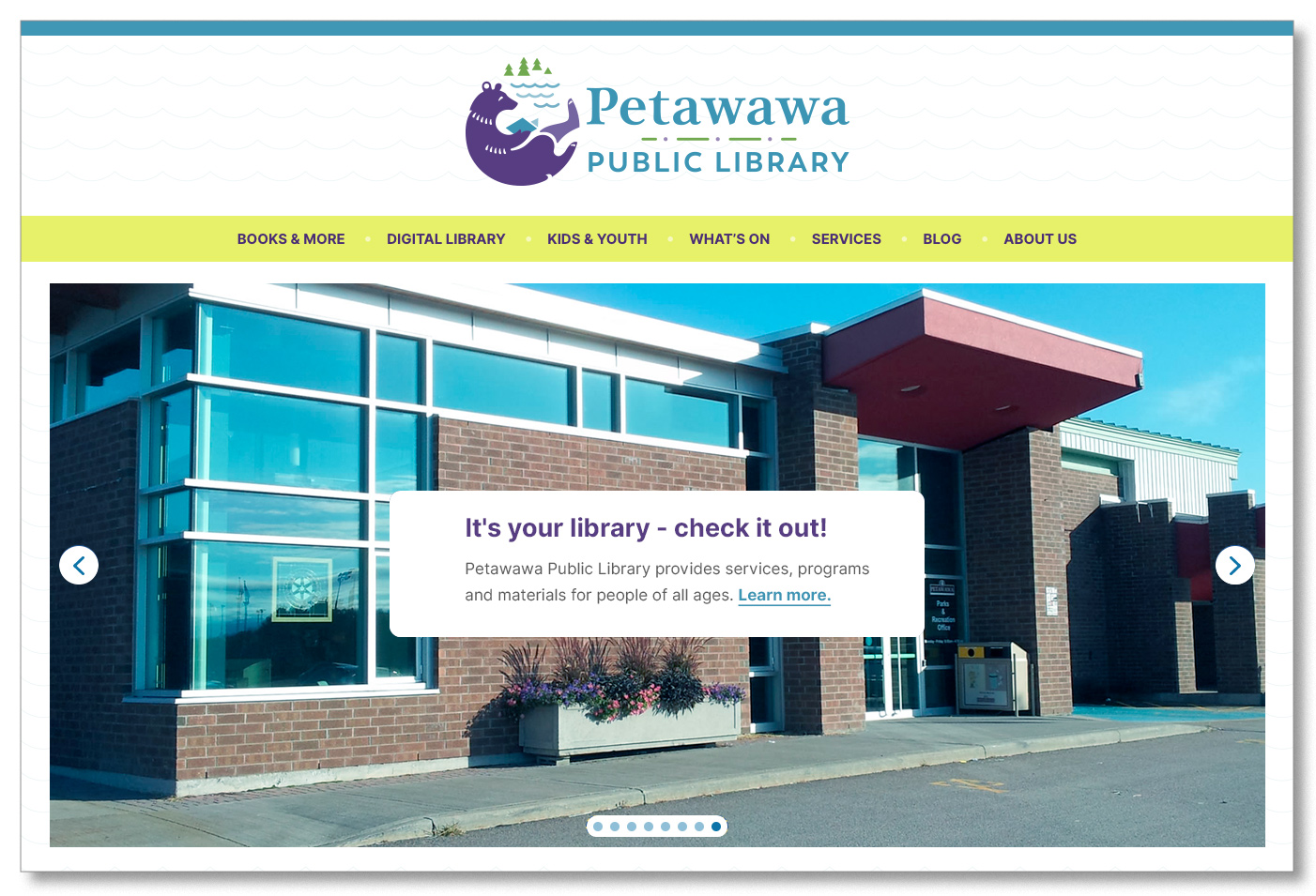 Screenshot of the Petawawa Public Library website featuring its updated branding, including a fresh logo, modern typography, and a community-focused design.