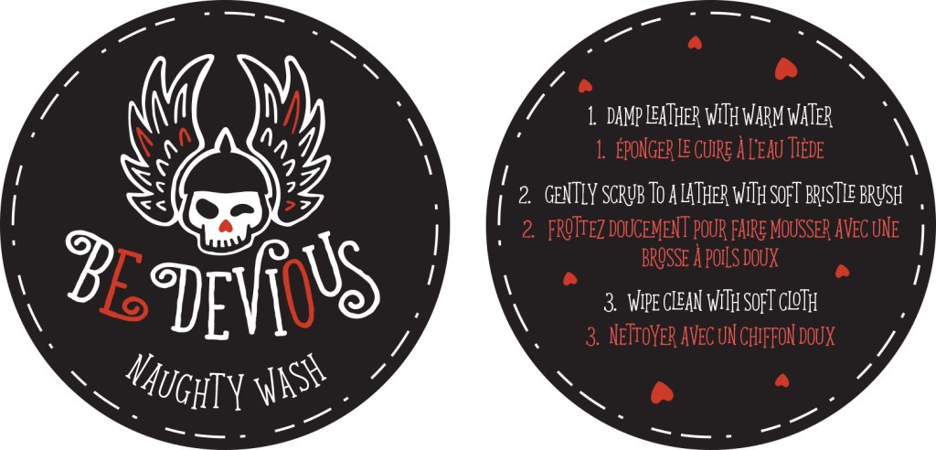 Winking winged skull logo printed on circular black washing instruction tags for handcrafted leather goods, featuring the "Be Devious" branding.