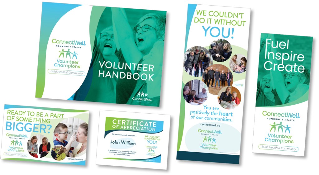 Volunteer Champions printed materials, including handbook, social media, certificate, banner, and flyer.
