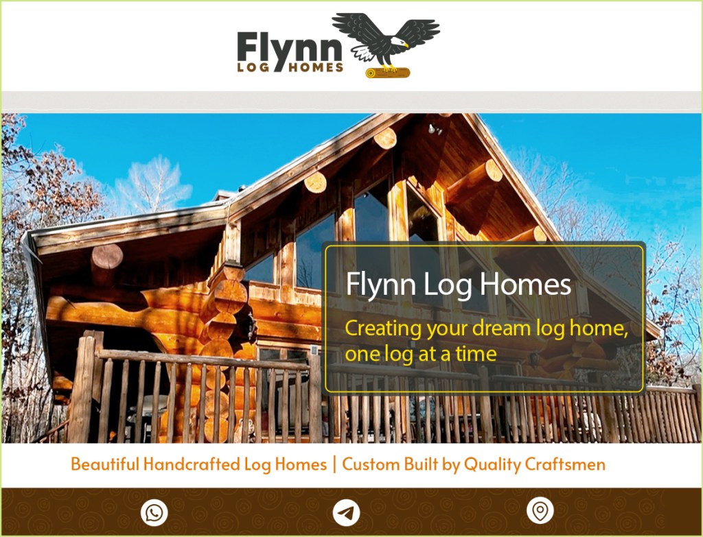 Homepage of Flynn Log Homes website featuring bold branding, bilingual toggle, and eagle-and-truss logo designed by Sumack Loft.
