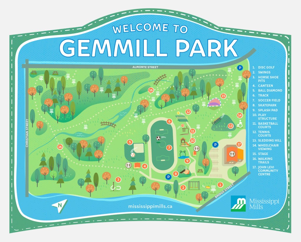 Illustrated map for an interpretive park sign. Features multiple trails winding through a layered natural landscape, with stylized trees, water, and icons marking key points of interest throughout the park.