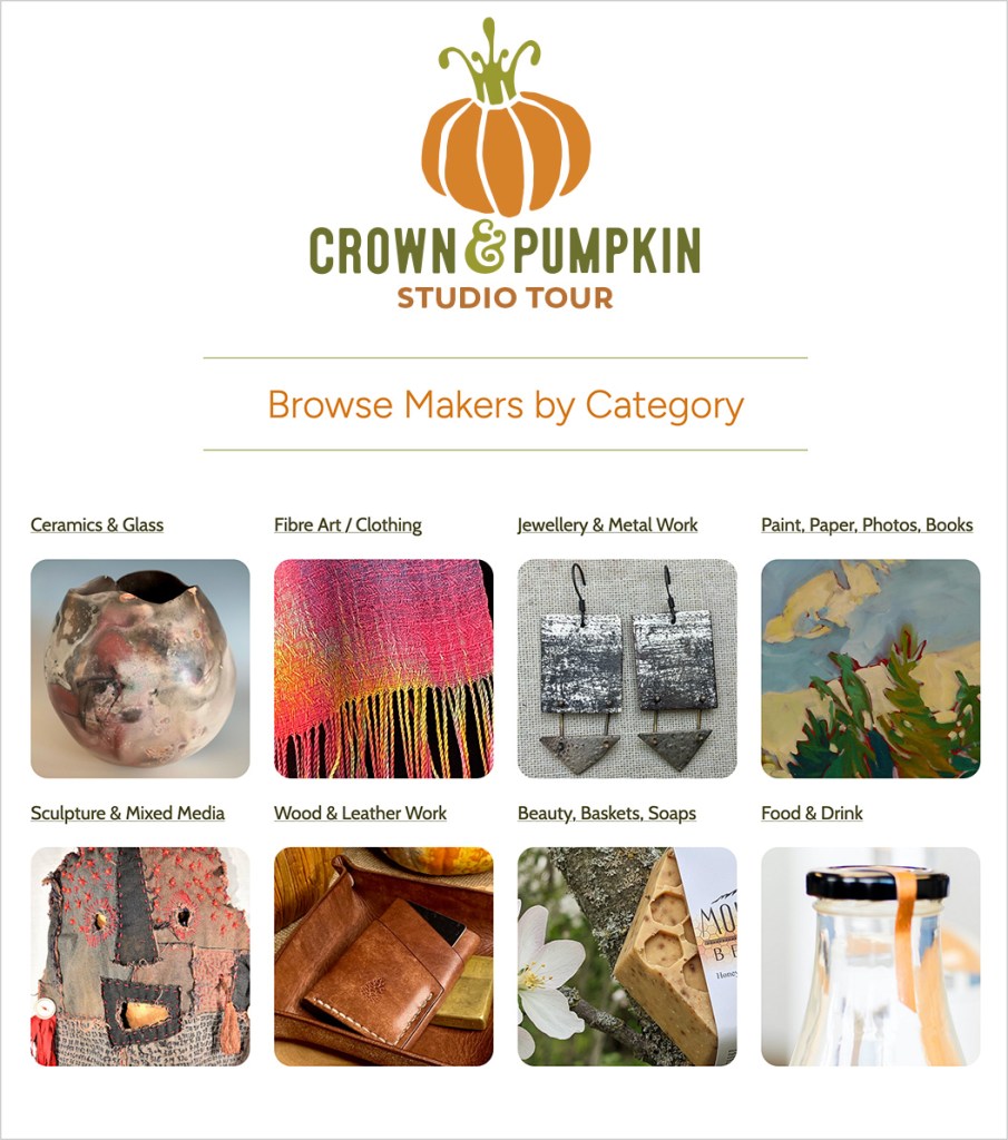 Crown & Pumpkin Studio Tour website section showing art categories with images, including ceramics, fibre art, jewellery, paintings, sculpture, leather work, soap, and food.