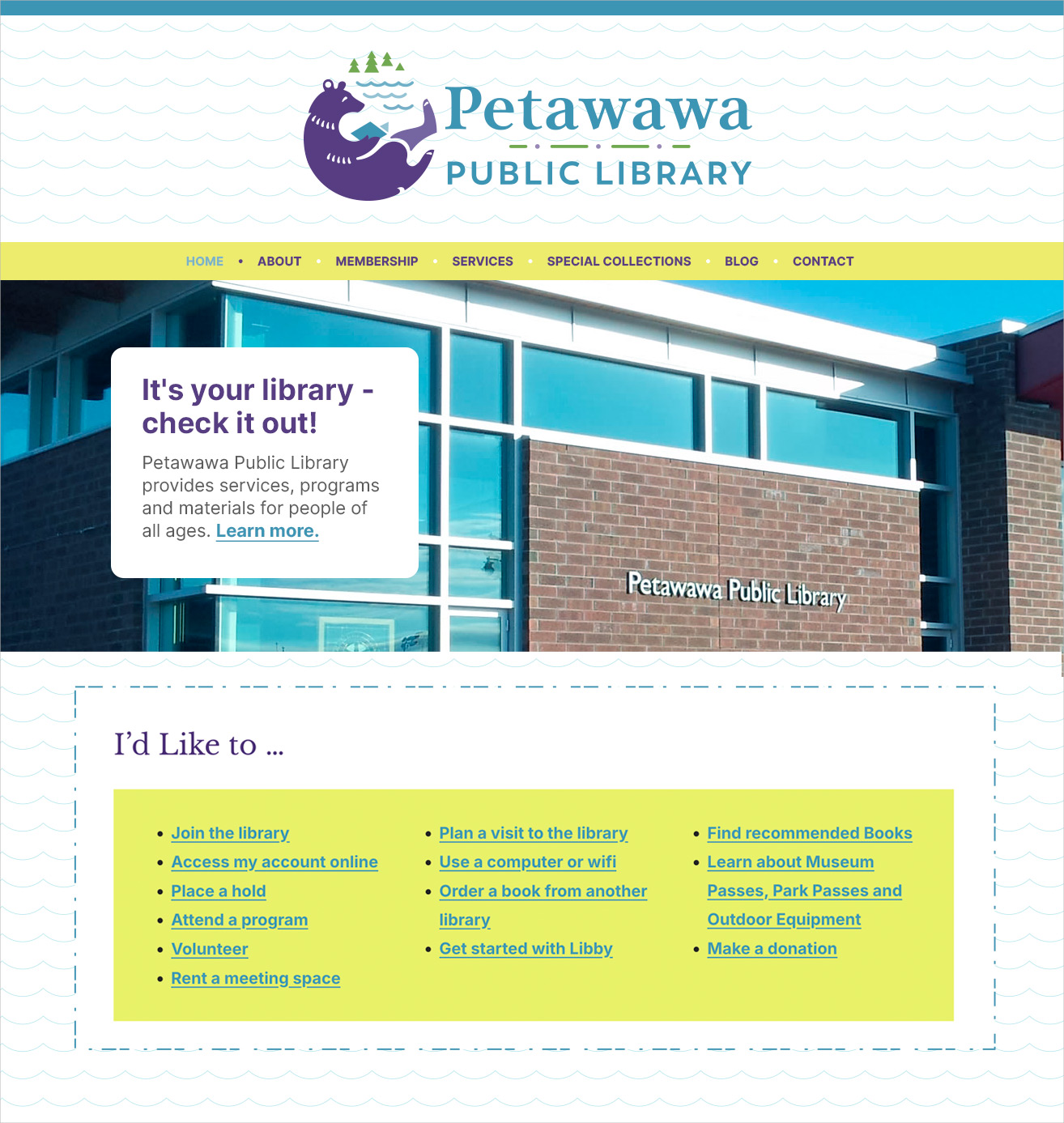 Homepage of Petawawa Public Library website showing bold branding, hours of operation, and accessible quick links designed by Sumack Loft.