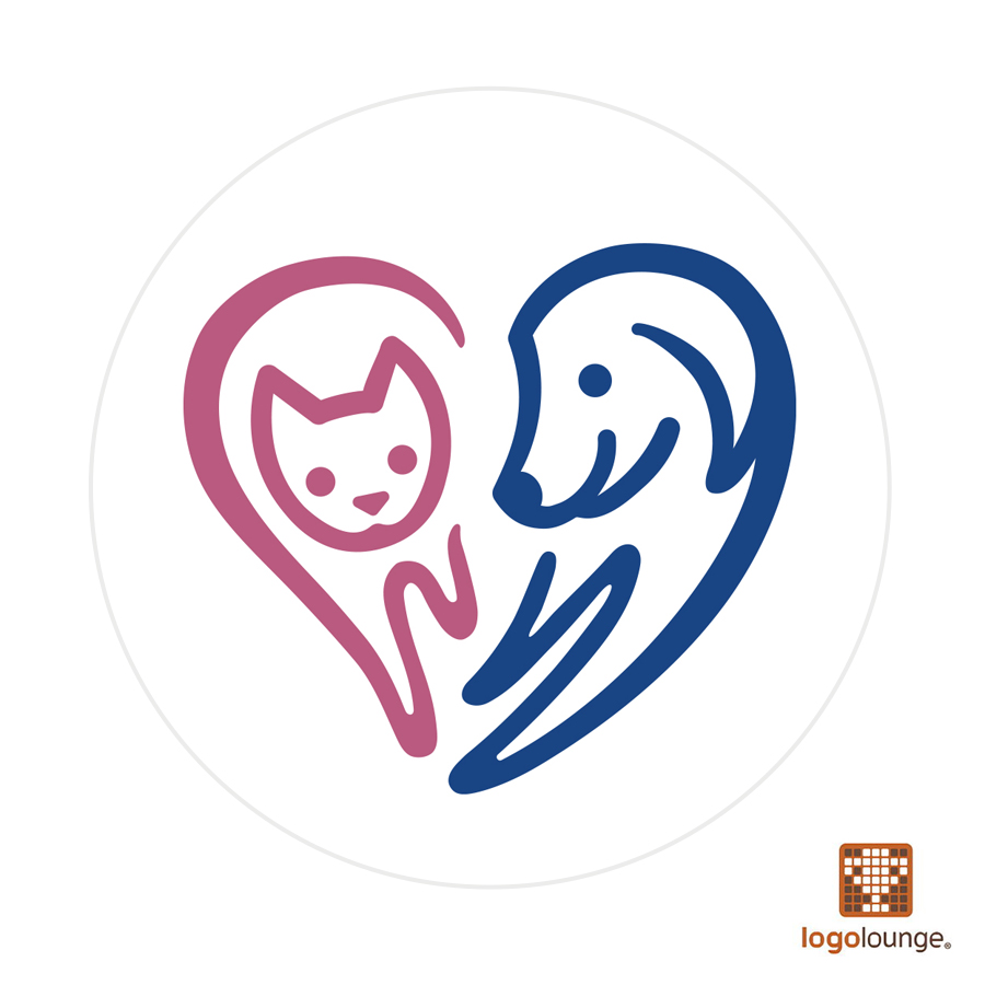 Logo design for Lanark Animal Welfare Society in Ontario, Canada. A cat and dog form a heart shape, representing compassion and animal rescue. Selected for LogoLounge Book 15.