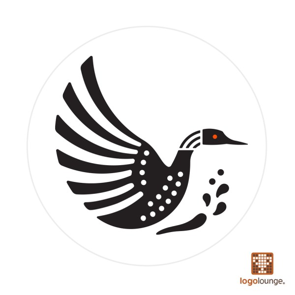 Logo design for Rideau Lakes Public Library in Ontario, Canada. A loon rises from the water with wings flapping in display. Recognized in LogoLounge Book 15.