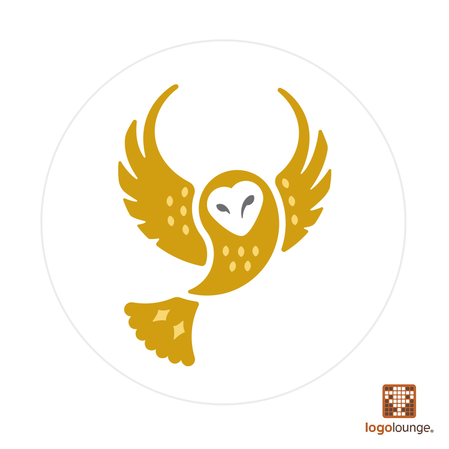 Logo for SPARC Network in Canada, supporting rural performing arts communities. Stylized barn owl in flight with dotted wings. Selected for LogoLounge Book 15.