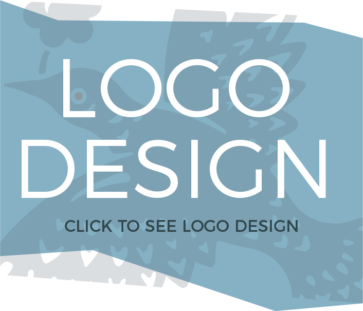 Large colourful graphic button with text: logo design (click to see logo design)