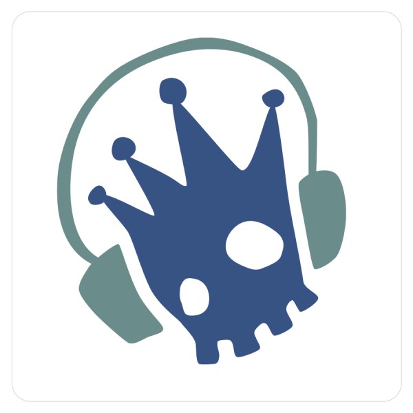 DJ services logo showing a blue skull wearing green headphones.