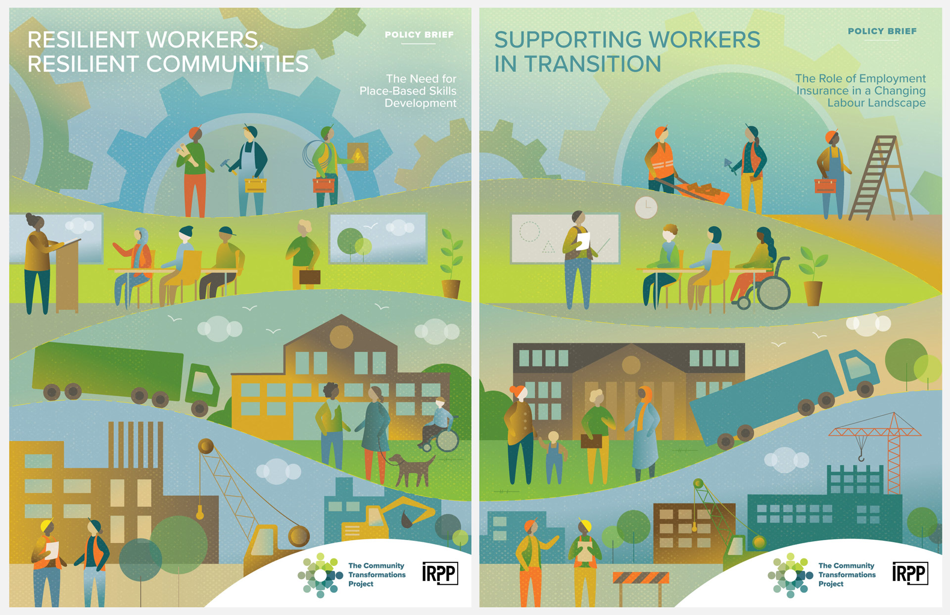 Paired illustrated covers for policy briefs. Both show construction workers, learners, classrooms, and tradespeople across layered landscapes. Stylized figures and large gears emphasize themes of training, employment, and workforce support.