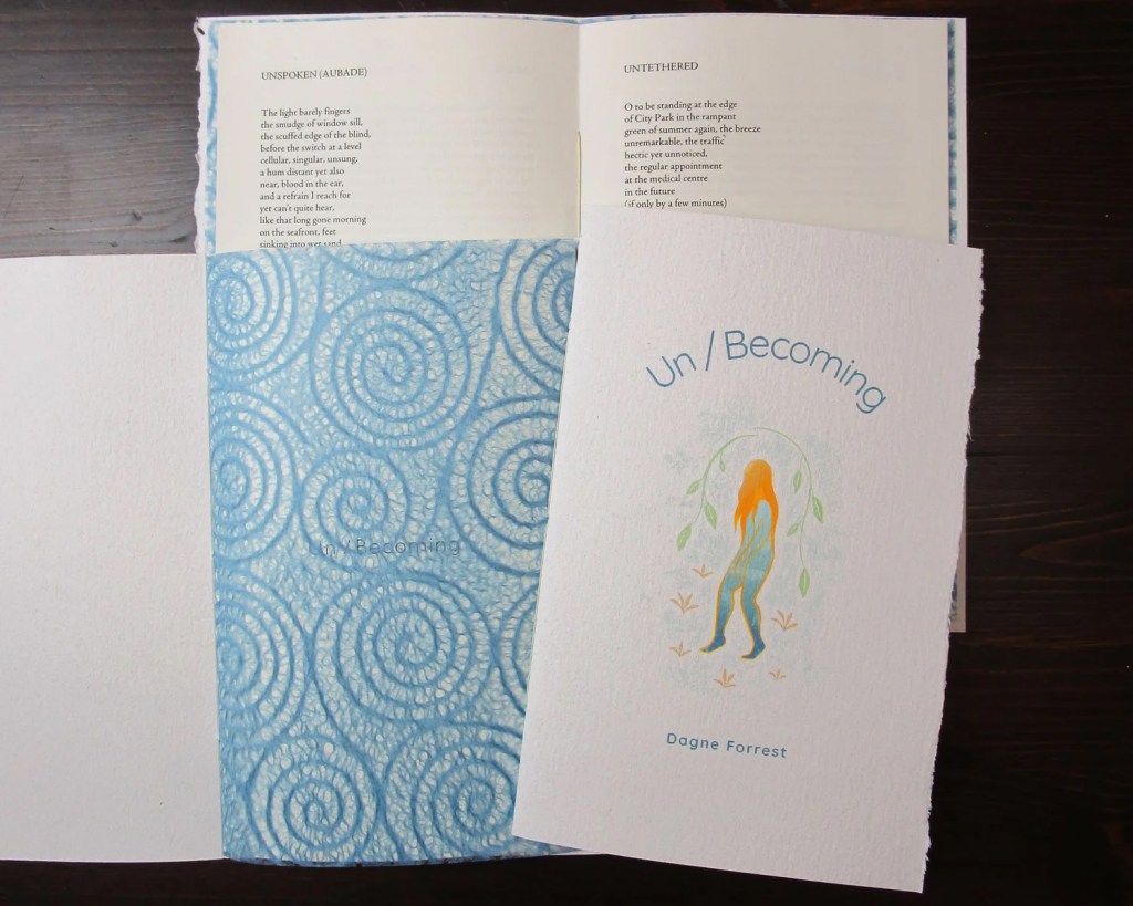 Illustrated cover for Un/Becoming by Dagne Forrest. A silhouetted woman in motion turns to look behind her, framed by leafy branches against a textured light background. The pose suggests reflection, uncertainty, and transition.