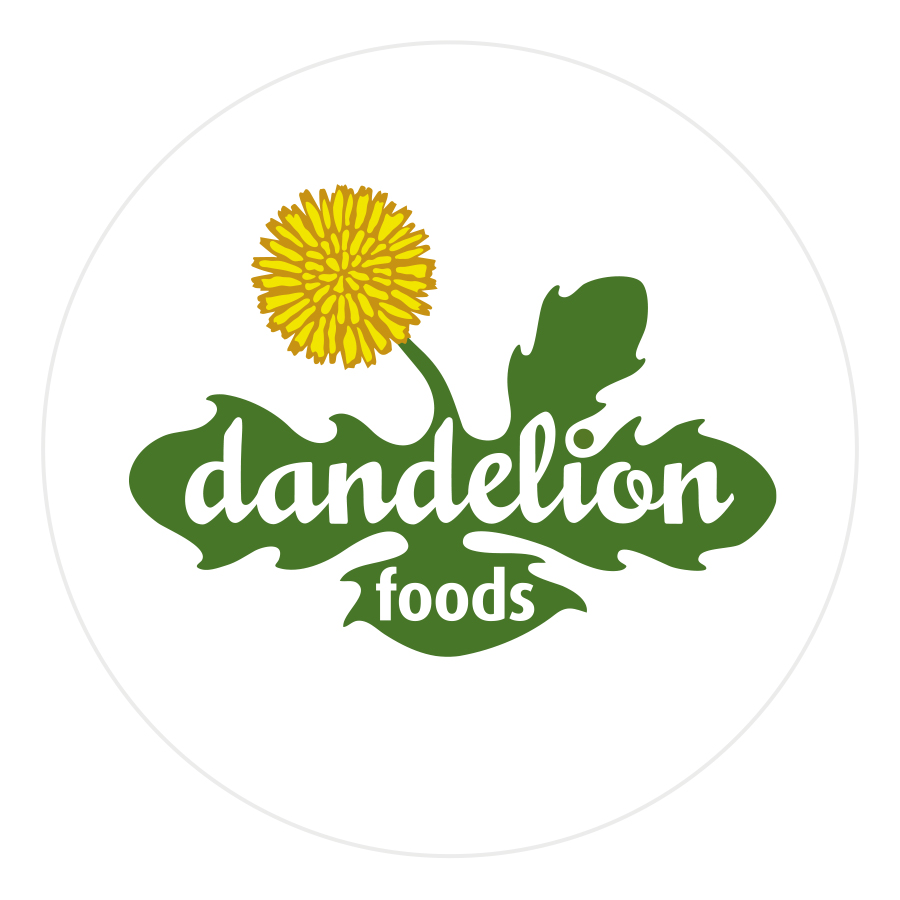Logo design featuring a dandelion flower with name of business knocked out of leaves