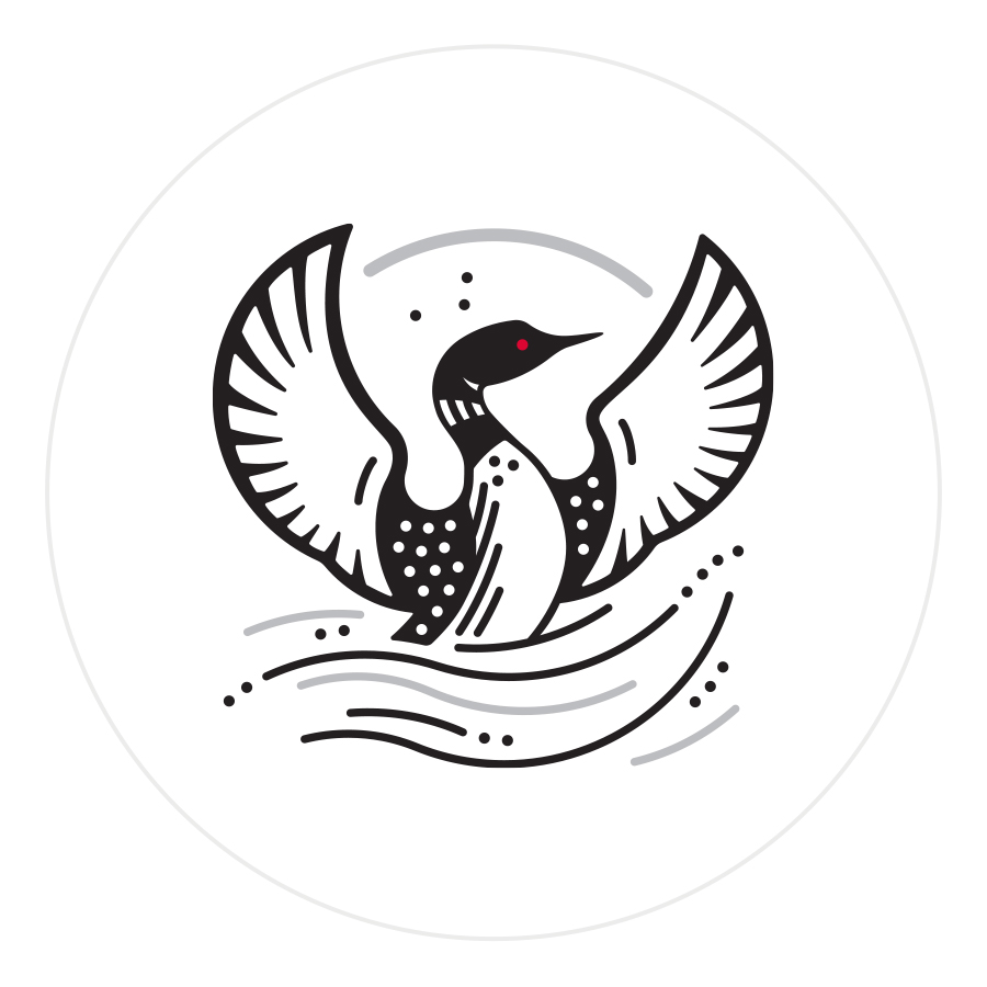 Logo design featuring loon in full display rising from the water