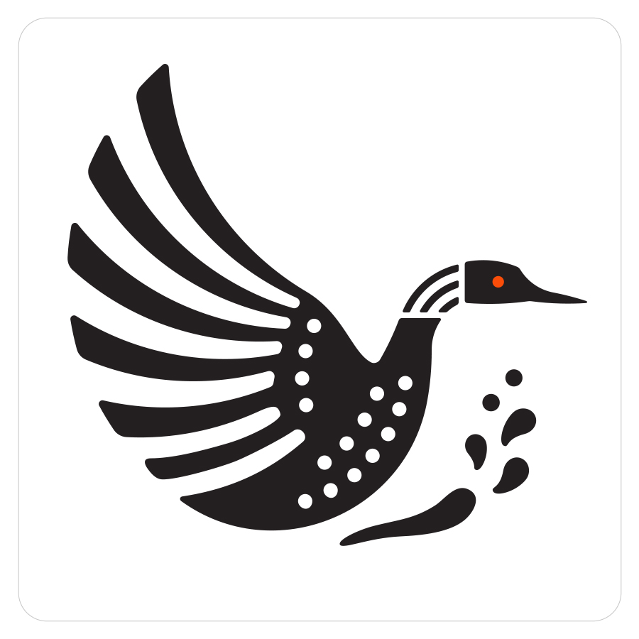 Rideau Lakes Public Library logo featuring a black-and-white loon with a red eye and stylized water shapes.
