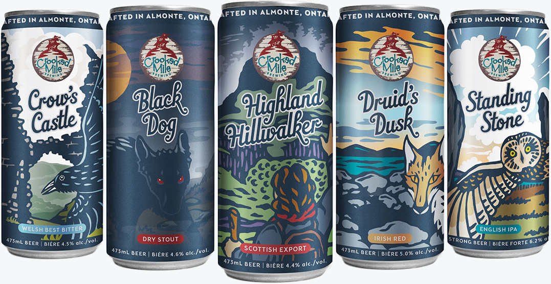 Five Crooked Mile Brewing beer cans shown together, featuring illustrated labels for Crow’s Castle, Black Dog, Highland Hillwalker, Druid’s Dusk, and Standing Stone.