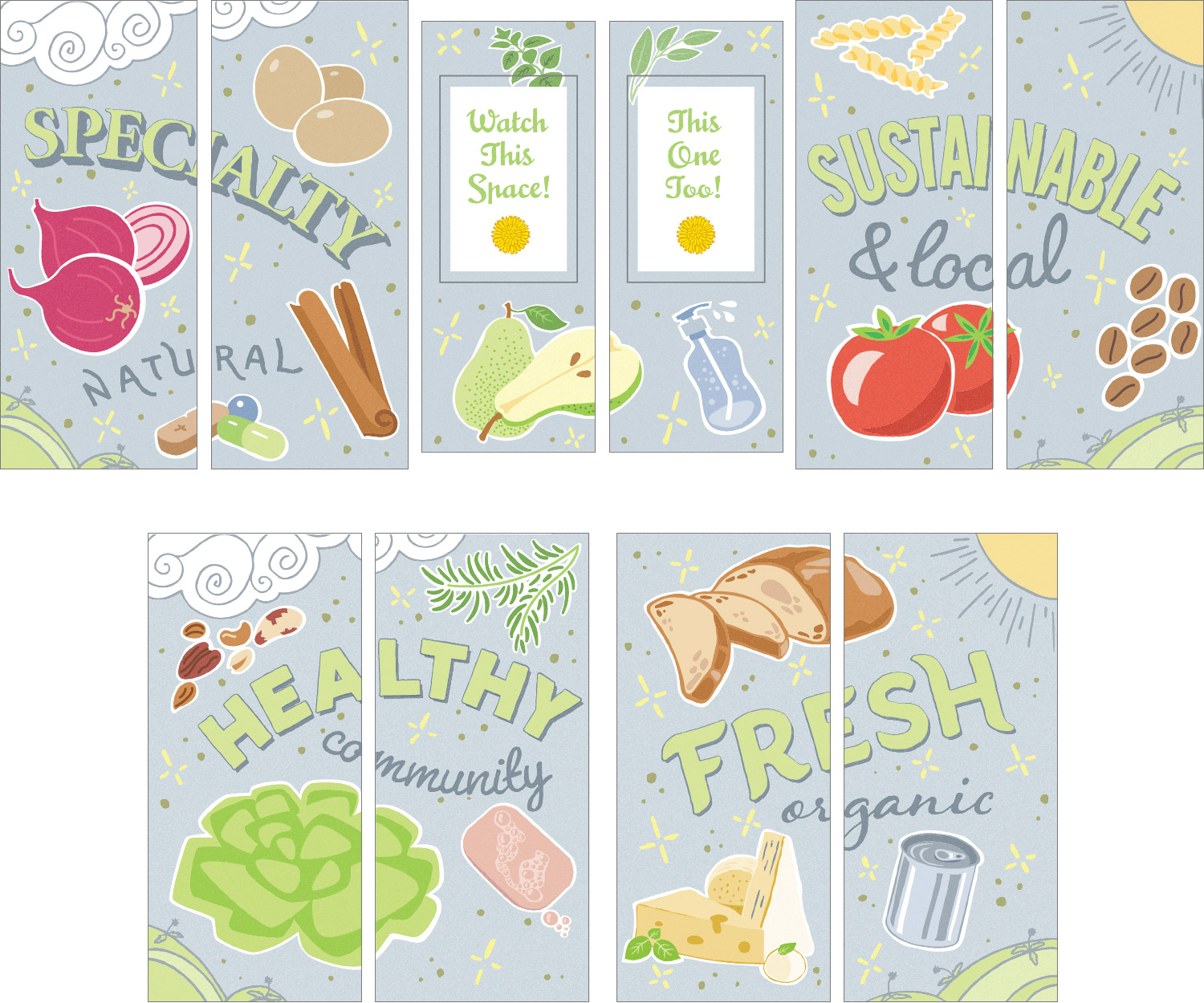 Illustrated and hand-lettered window artwork for Dandelion Foods, featuring colourful food, grocery, and natural product imagery.