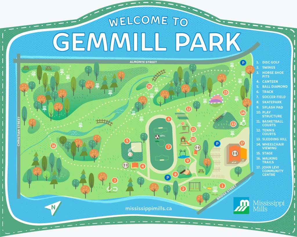 Illustrated Gemmill Park map sign for Almonte, Mississippi Mills, showing trails, landmarks, natural features, activity areas, and visitor points of interest.