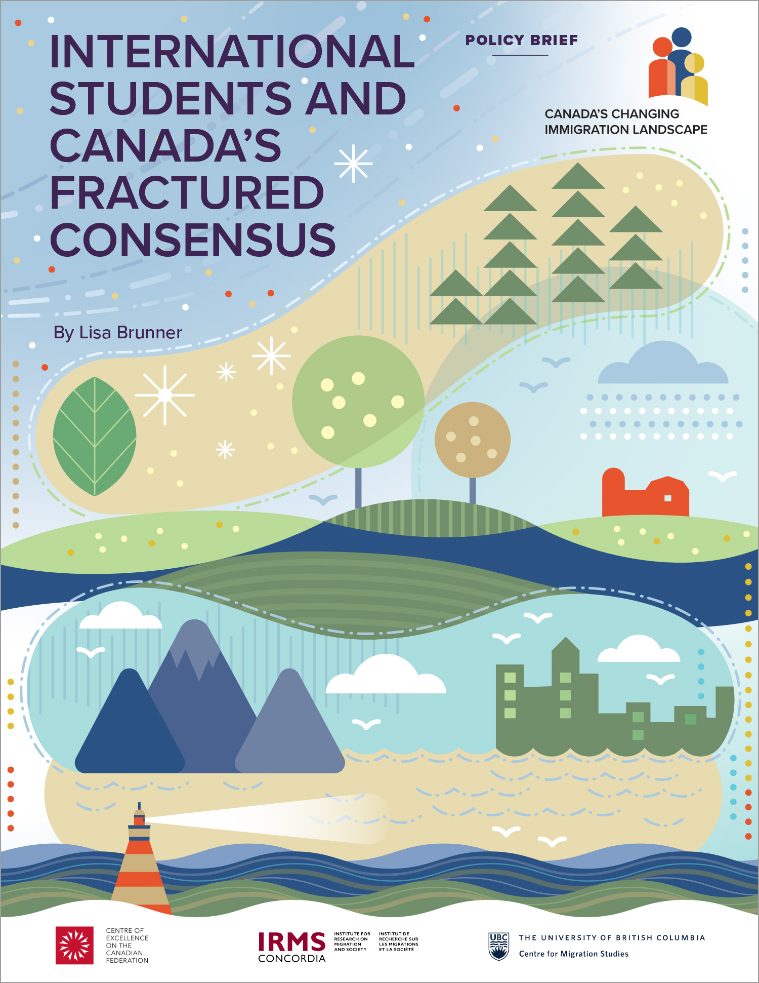 Illustration titled Canada’s Changing Immigration Landscape, showing a colourful Canadian landscape with people, buildings, trees, transportation, and symbolic immigration imagery.