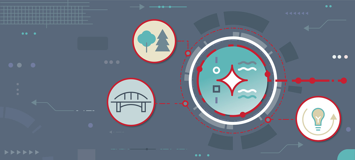 IRPP Capacity for Change memo illustration showing abstract symbols for environment, infrastructure, and AI/data, including Indigenous data, connected through pathways and circular policy-system imagery.